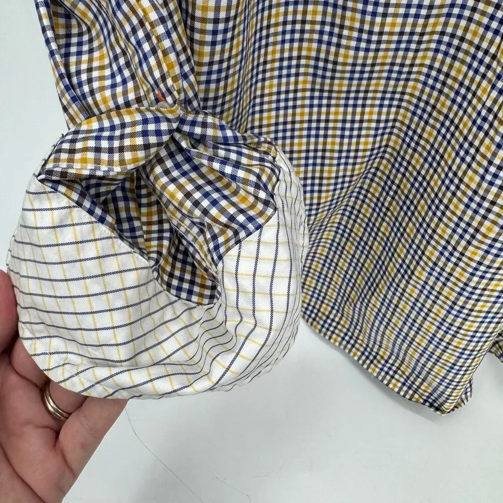 J McLaughlin Shirt Mens Large Button Down Blue Yellow Check Plaid Coastal Cotton